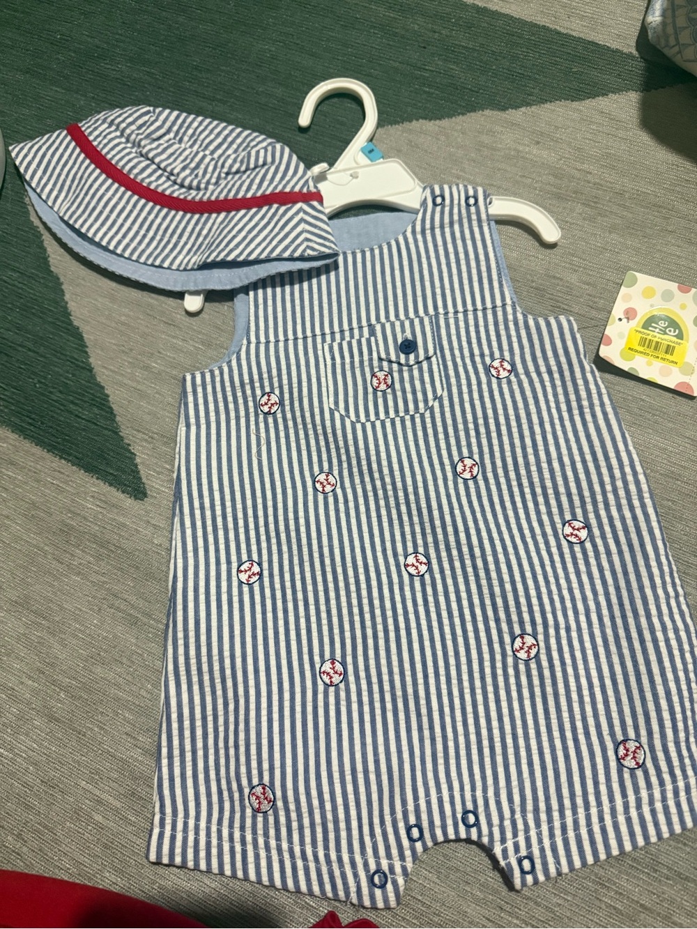 Little Me Blue and White Striped Baseball Embroidered One-Piece with Hat